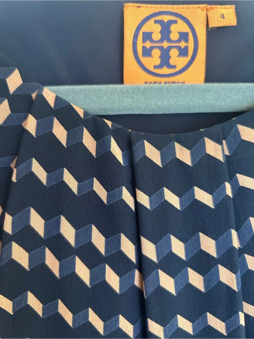 Tory Burch Marlowe Silk Navy Sheath Dress Peach/Blush Geometric Print, sz 4